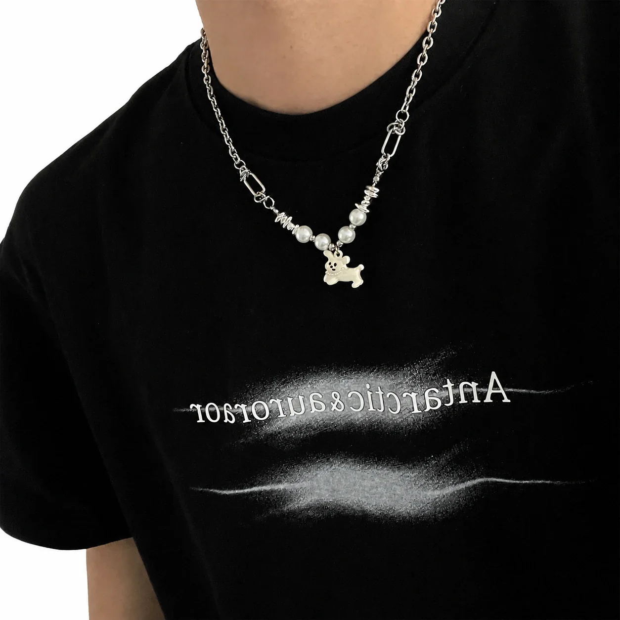 Playful Silver-Plated Dog Charm Pearl-Effect Chain Necklace