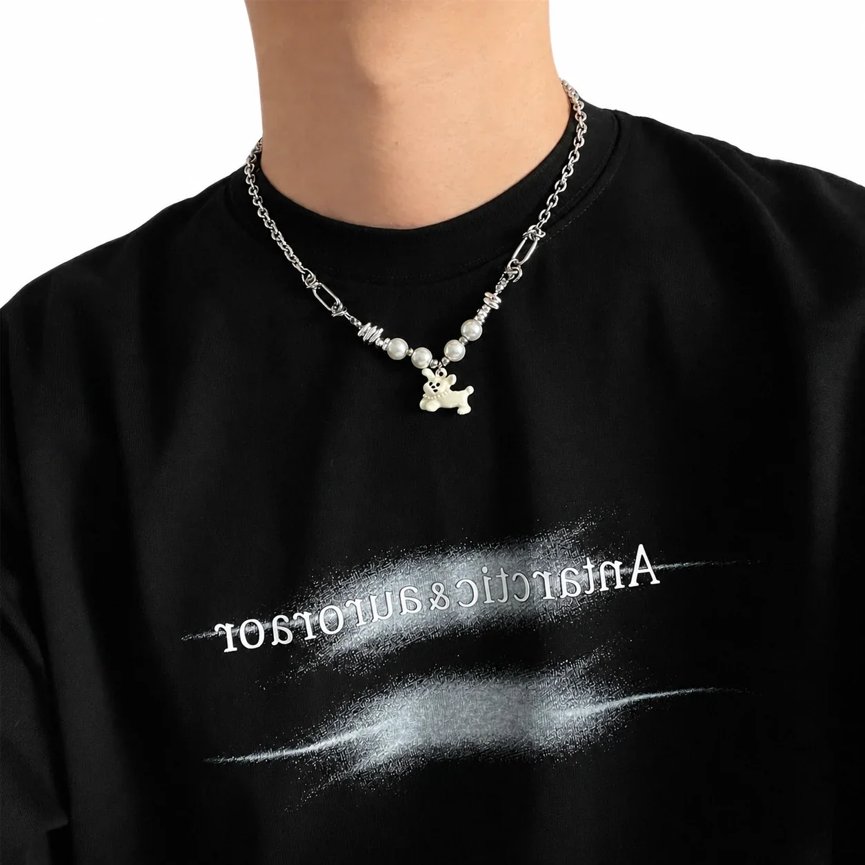 Playful Silver-Plated Dog Charm Pearl-Effect Chain Necklace