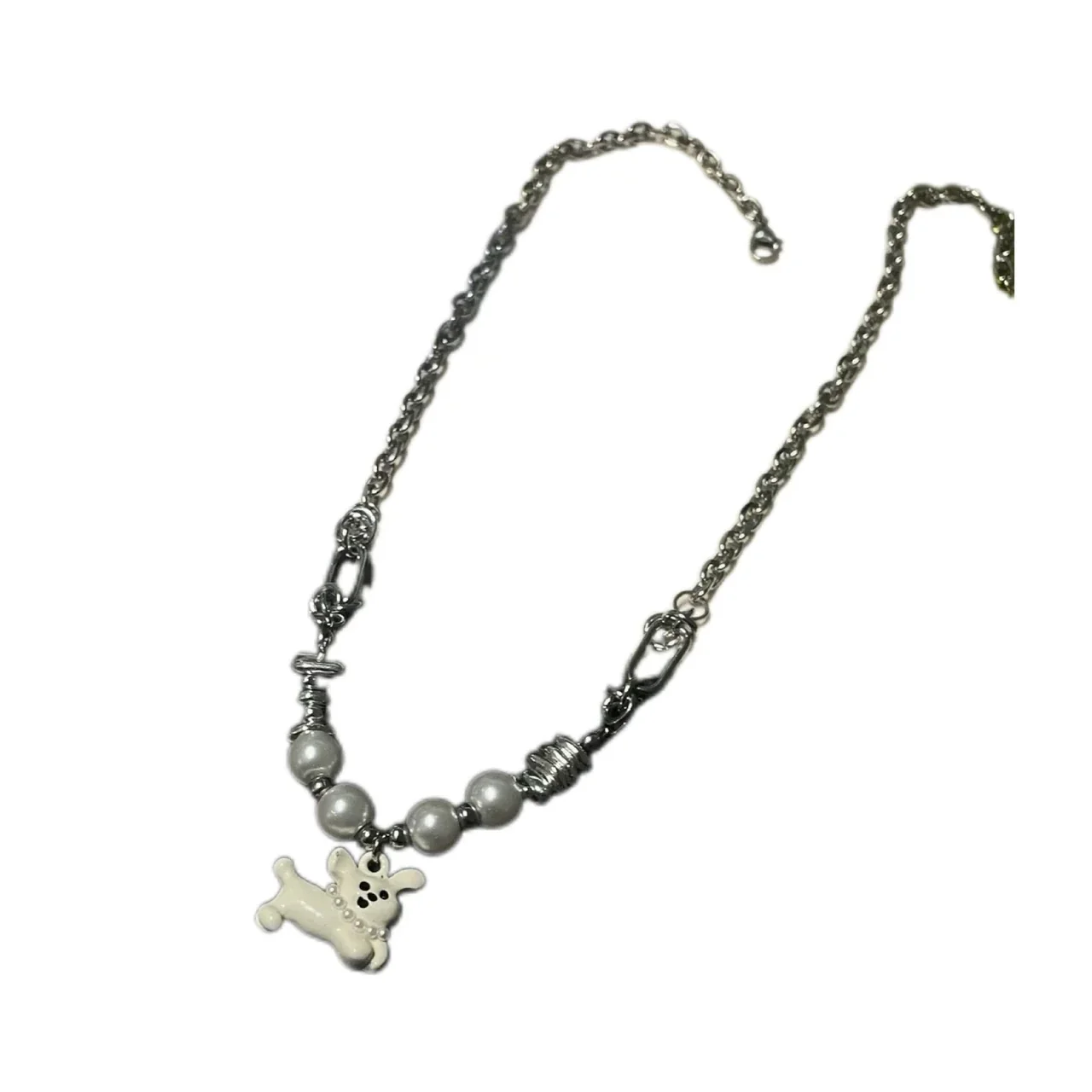 Playful Silver-Plated Dog Charm Pearl-Effect Chain Necklace