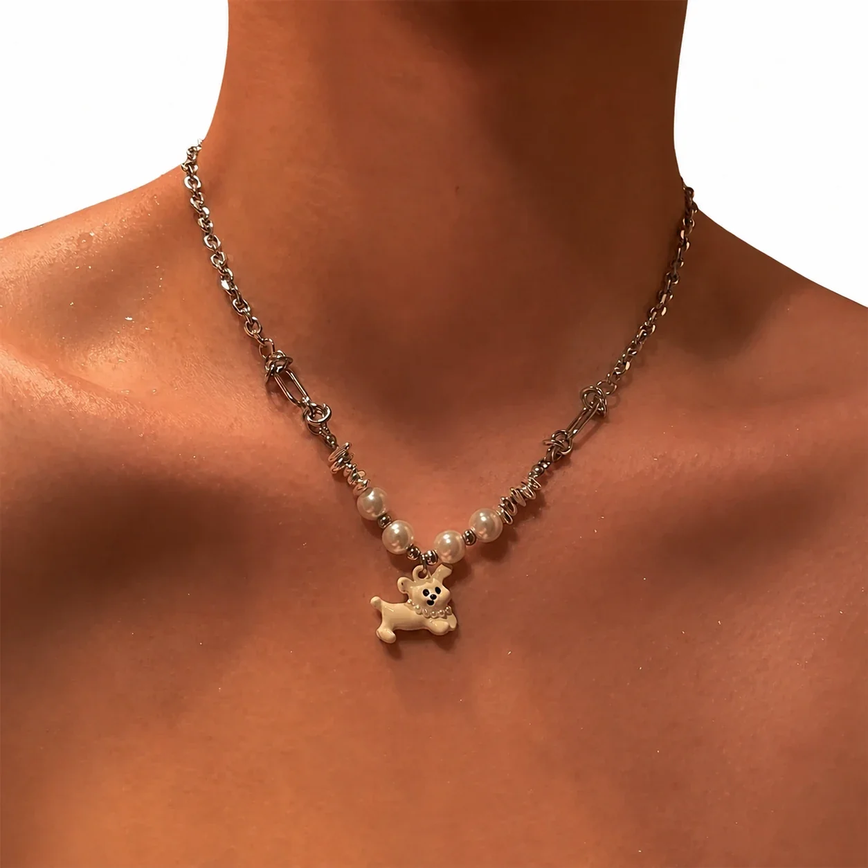 Playful Silver-Plated Dog Charm Pearl-Effect Chain Necklace - Silver