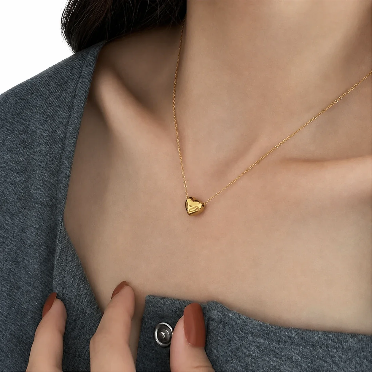 Polished 18K Gold-Plated Puffy Heart Cable Chain Necklace