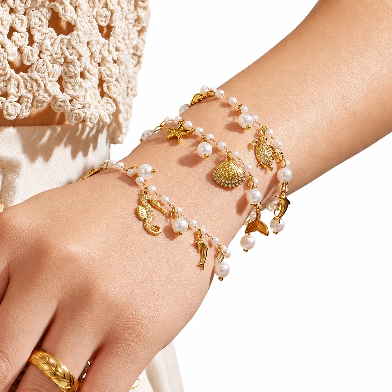 Coastal 316 Stainless Steel Pearl Chain Charm Bracelet