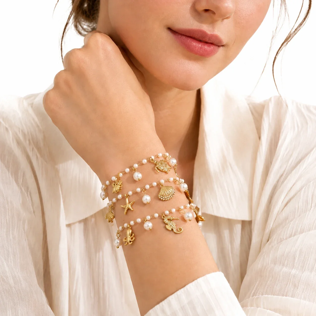 Coastal 316 Stainless Steel Pearl Chain Charm Bracelet