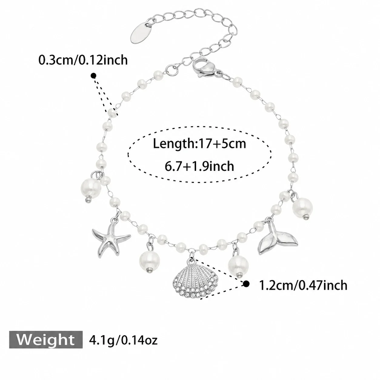 Coastal 316 Stainless Steel Pearl Chain Charm Bracelet - Silver Scallop Charm 17+5 cm