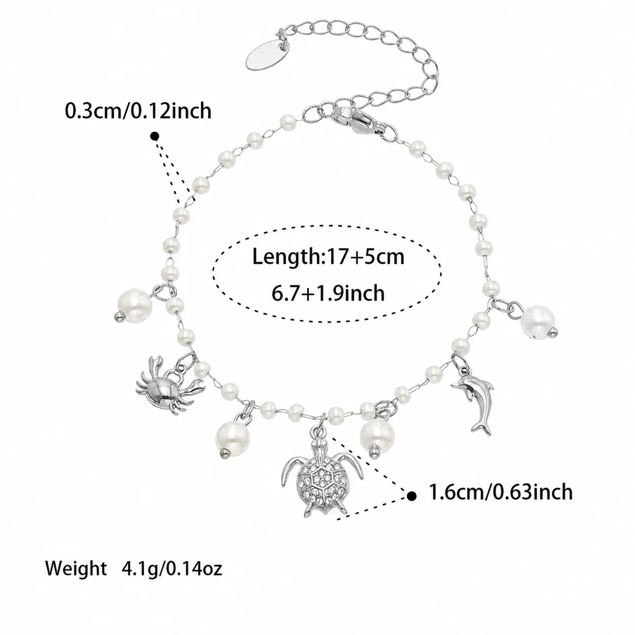 Coastal 316 Stainless Steel Pearl Chain Charm Bracelet - Silver Turtle Charm 17+5 cm