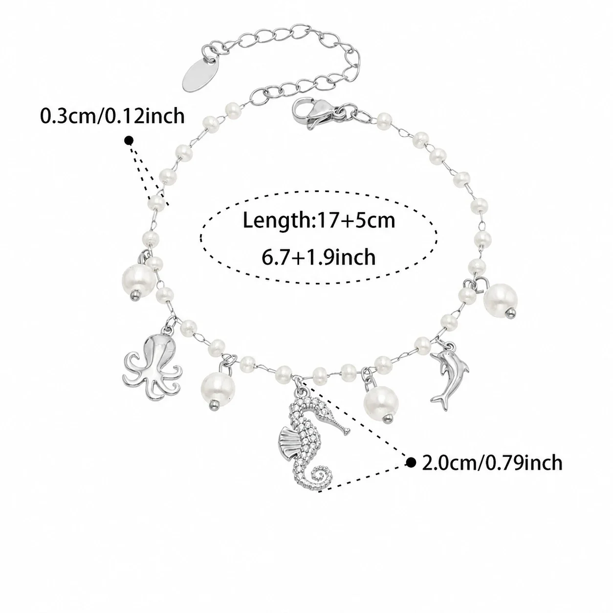 Coastal 316 Stainless Steel Pearl Chain Charm Bracelet - Silver Seahorse Charm 17+5 cm