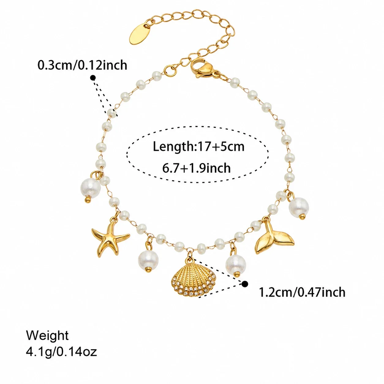 Coastal 316 Stainless Steel Pearl Chain Charm Bracelet - Gold Scallop Charm 17+5 cm