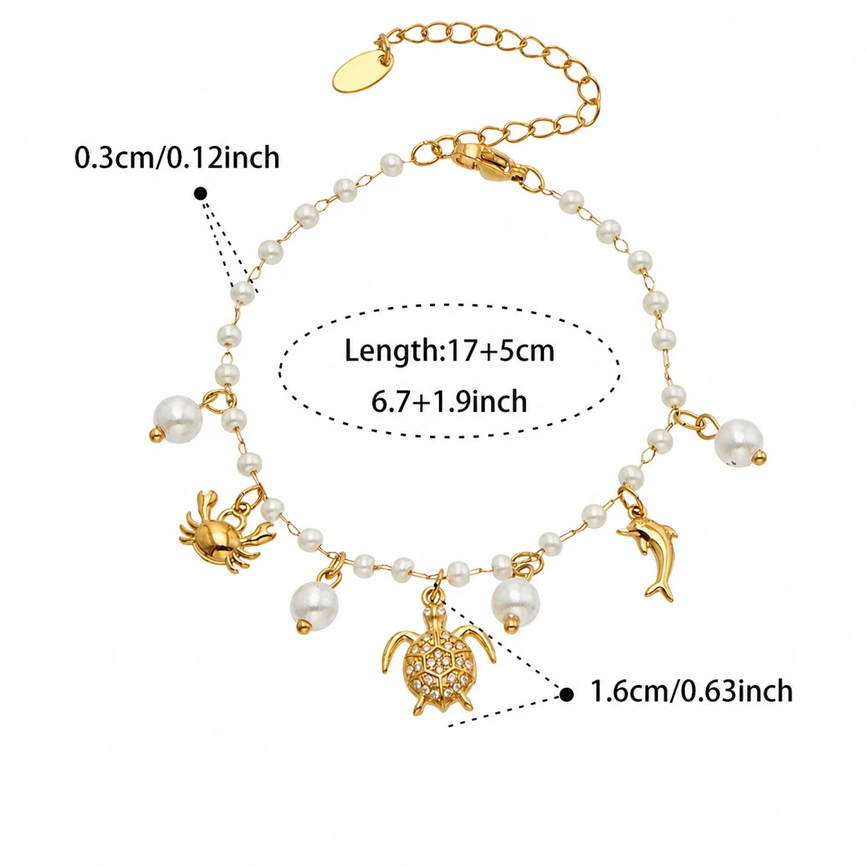 Coastal 316 Stainless Steel Pearl Chain Charm Bracelet - Gold Turtle Charm 17+5 cm