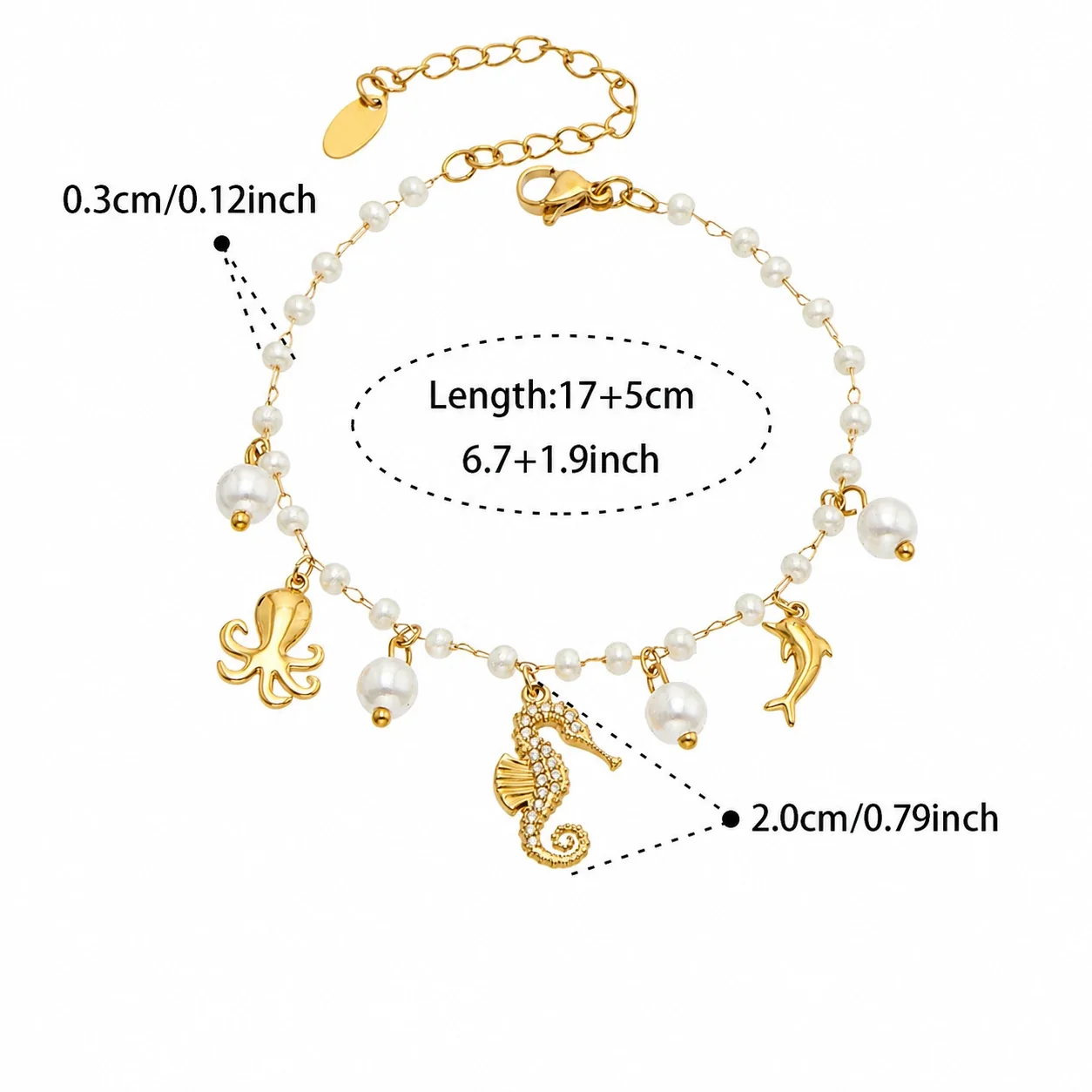 Coastal 316 Stainless Steel Pearl Chain Charm Bracelet - Gold Seahorse Charm 17+5 cm
