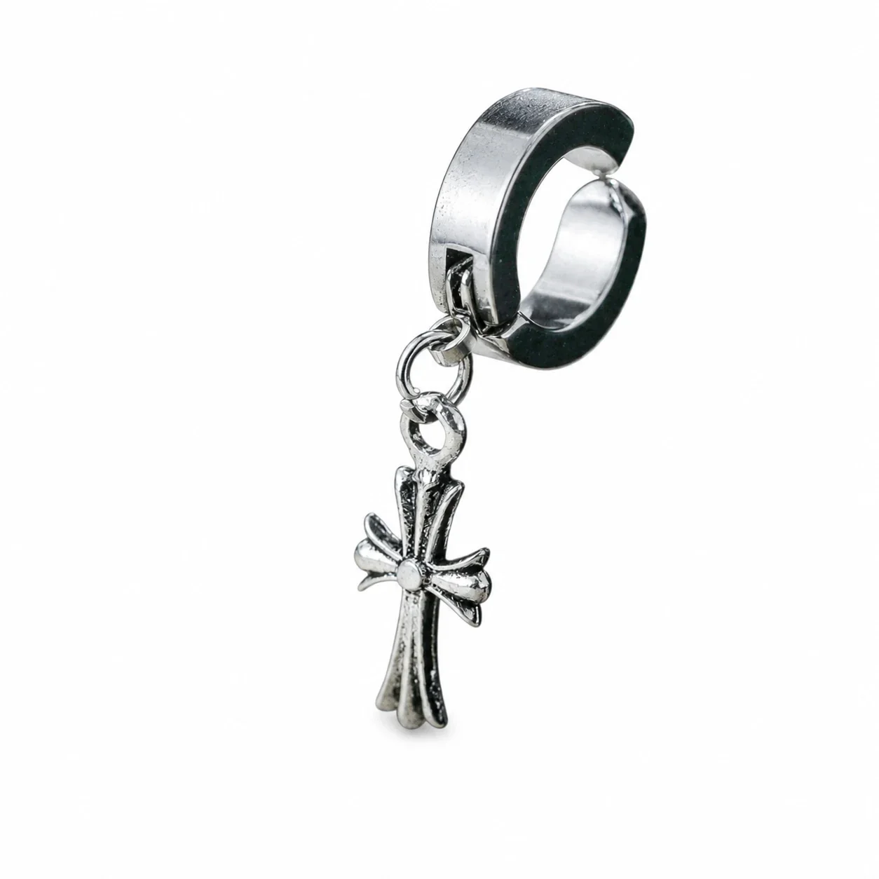 Edgy Silver-Tone Cross Charm Huggie Hoop Earrings