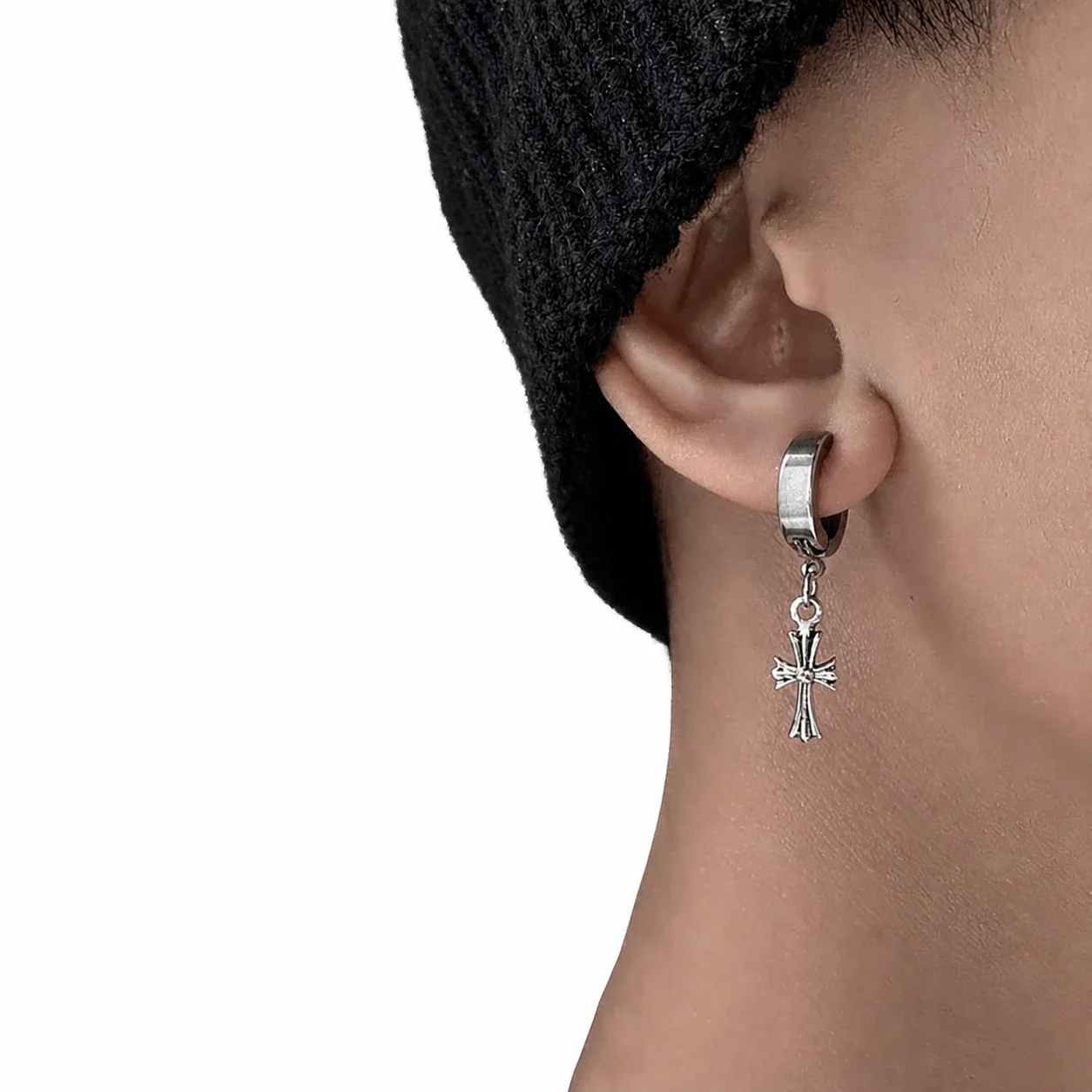 Edgy Silver-Tone Cross Charm Huggie Hoop Earrings