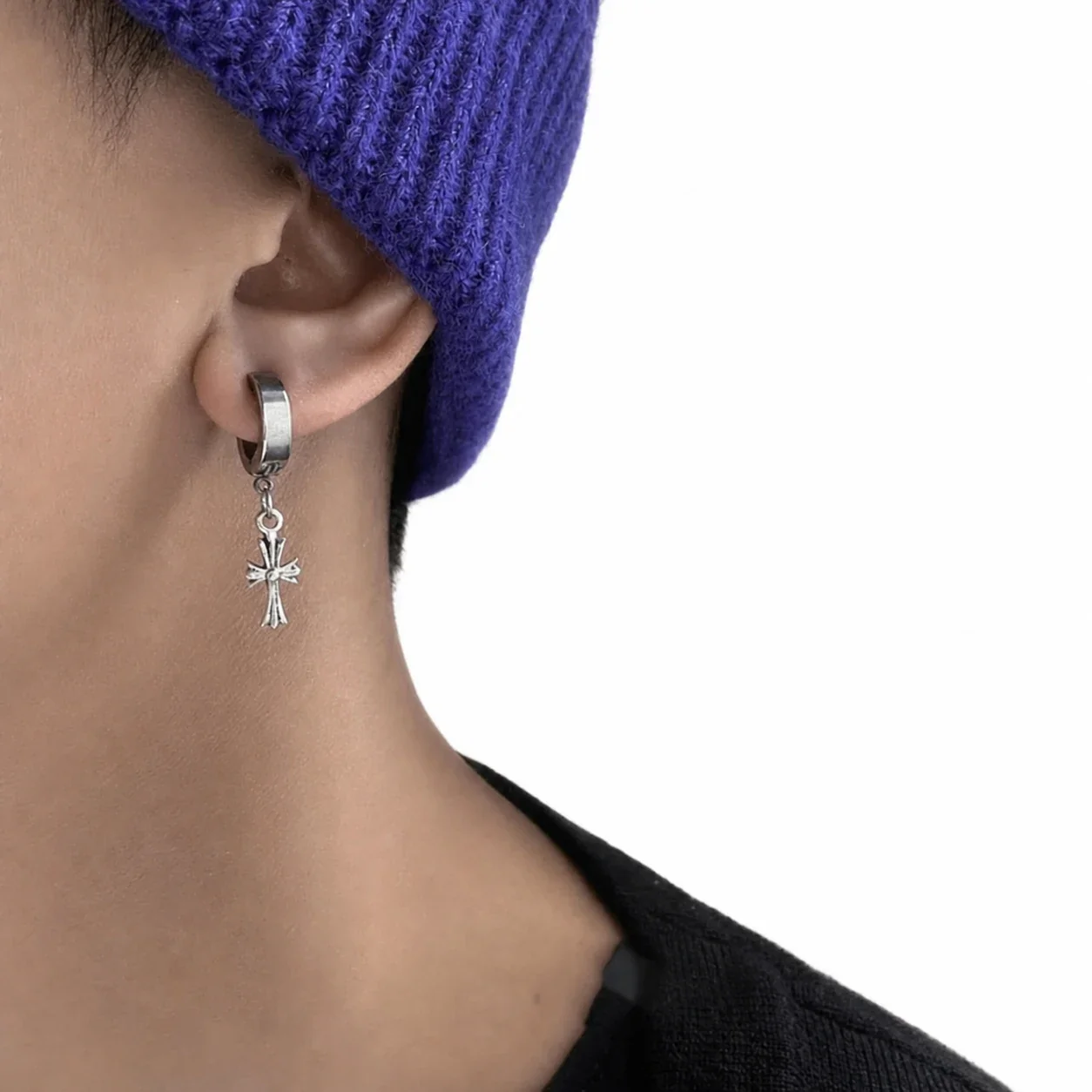 Edgy Silver-Tone Cross Charm Huggie Hoop Earrings