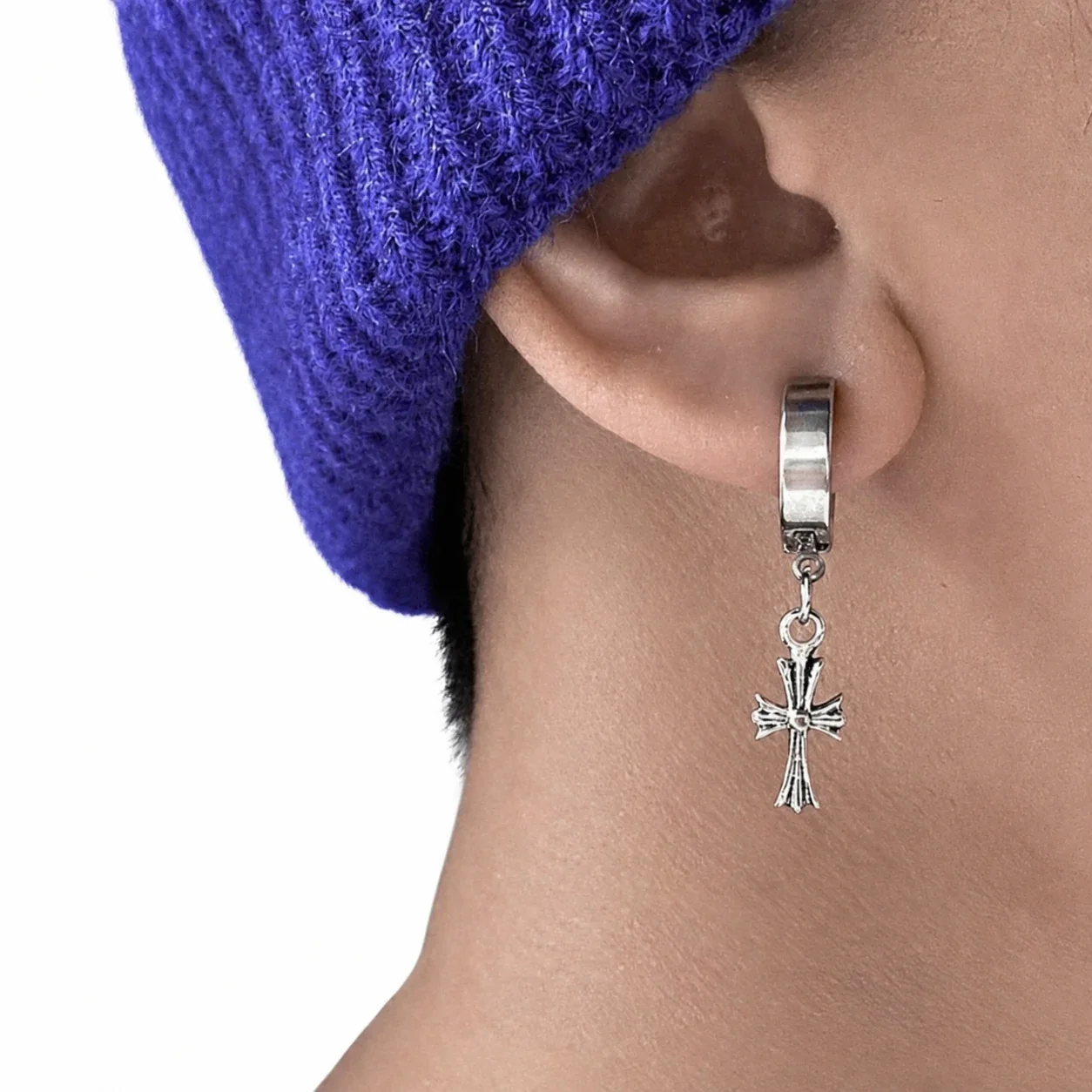 Edgy Silver-Tone Cross Charm Huggie Hoop Earrings