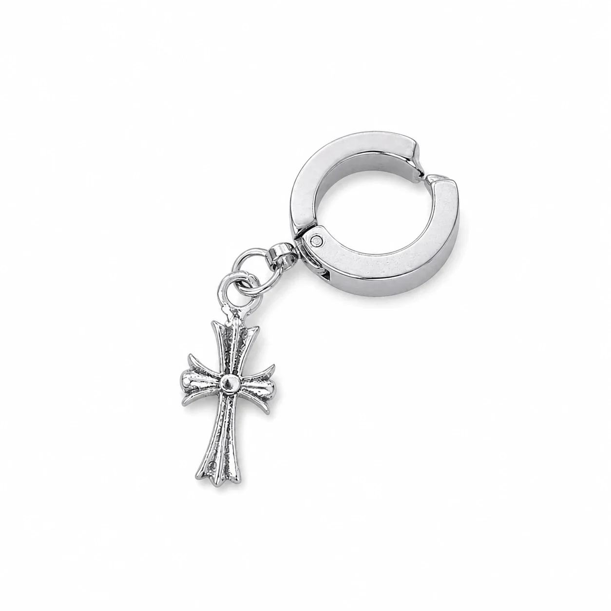 Edgy Silver-Tone Cross Charm Huggie Hoop Earrings