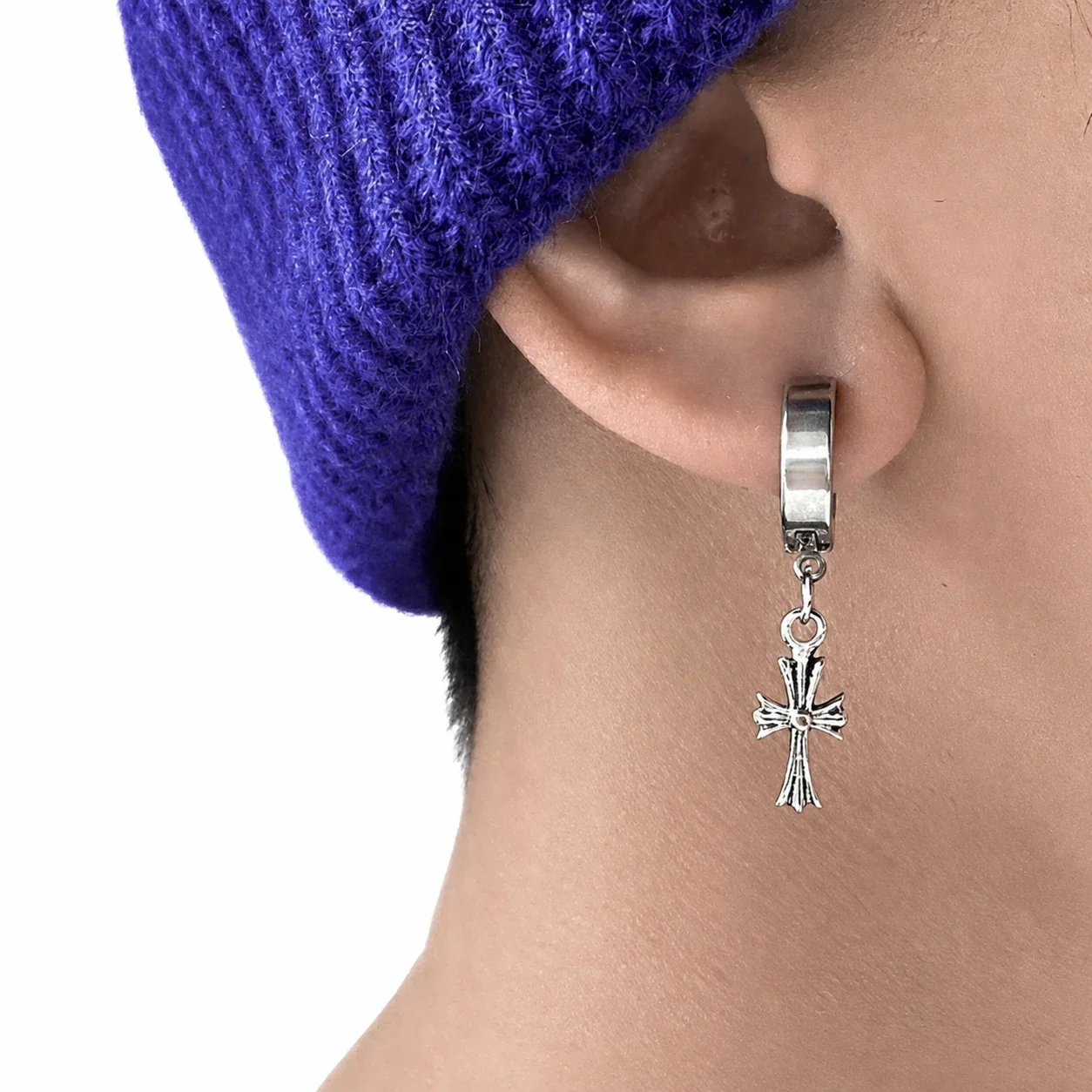 Edgy Silver-Tone Cross Charm Huggie Hoop Earrings - Silver Cross Hoop Single