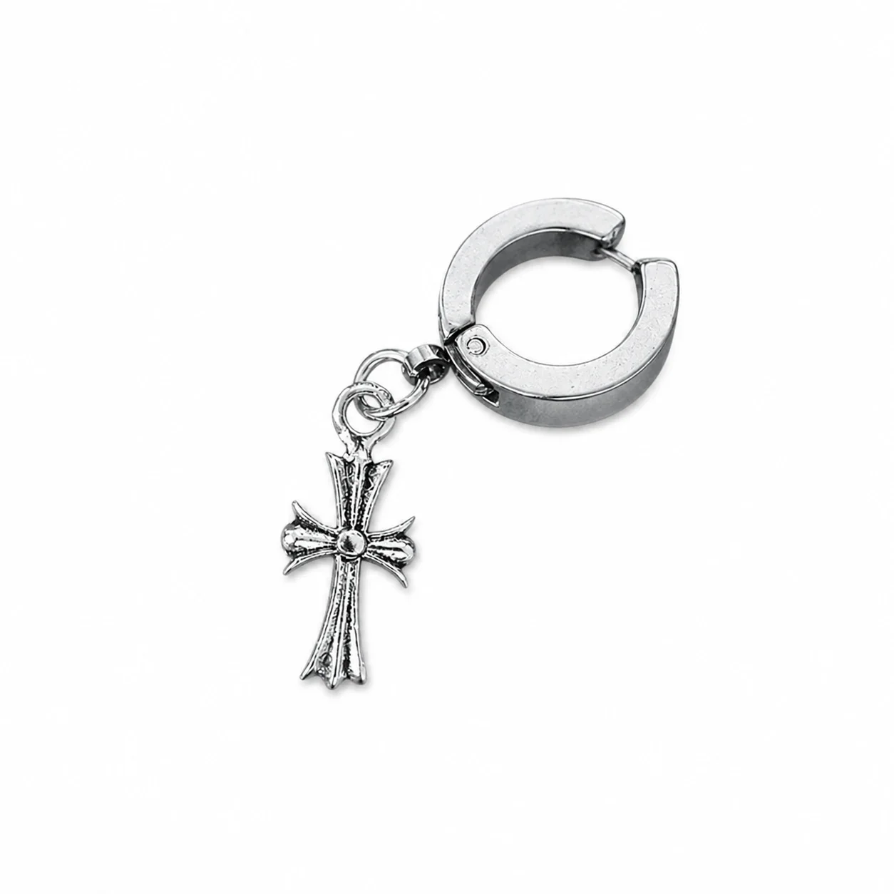 Edgy Silver-Tone Cross Charm Huggie Hoop Earrings - Silver Cross Ear Clip Single