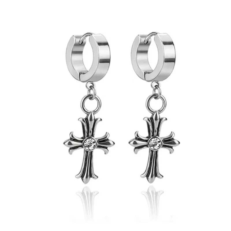 Edgy Silver-Tone Cross Charm Huggie Hoop Earrings - Silver Crystal Cross Hoop Single