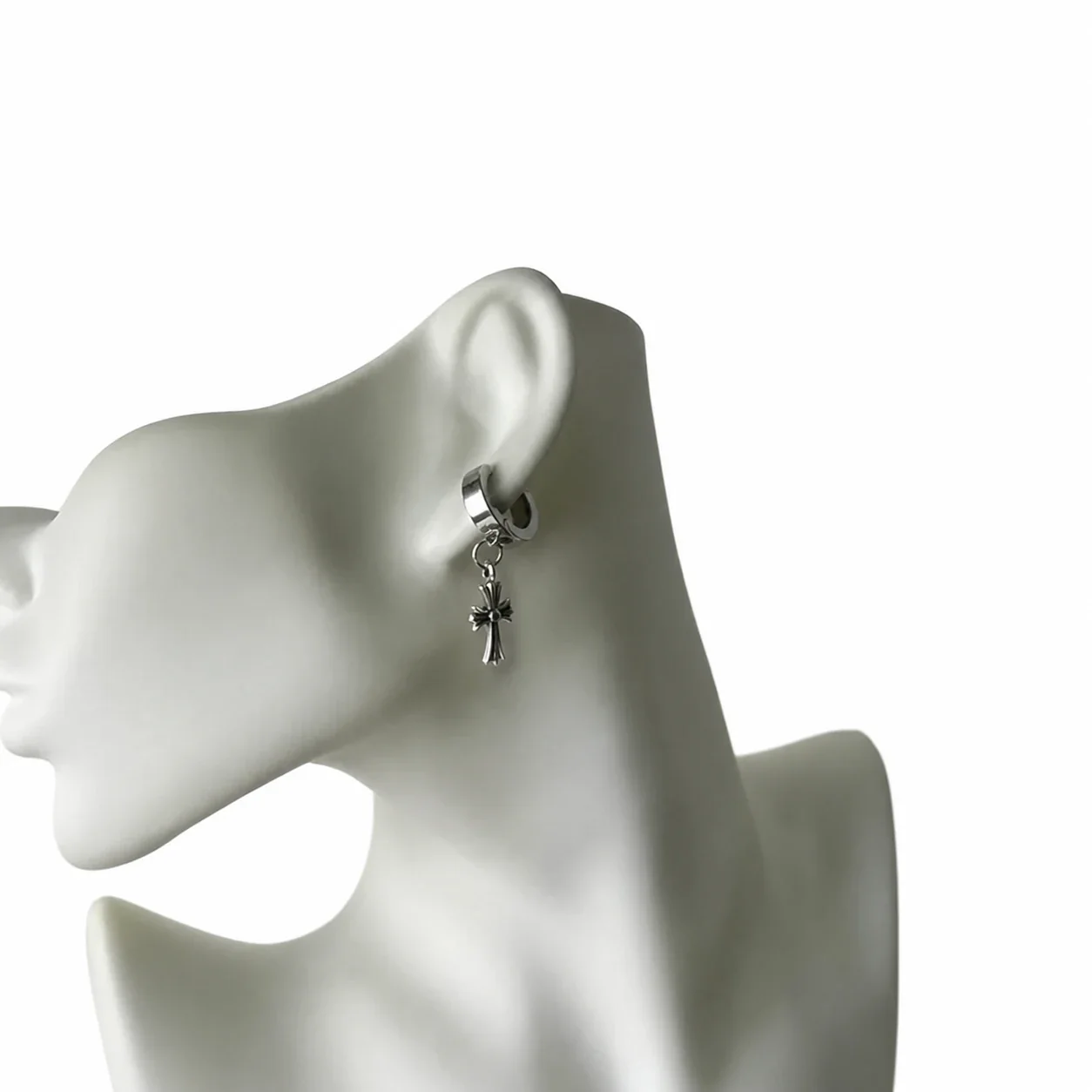 Edgy Silver-Tone Cross Charm Huggie Hoop Earrings - Silver Crystal Cross Ear Clip Single