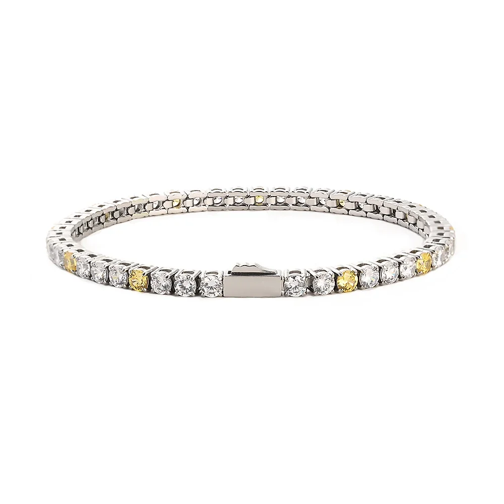 Polished 316 Stainless Steel CZ Tennis Bracelet - Silver mm Round White CZ + Yellow CZ