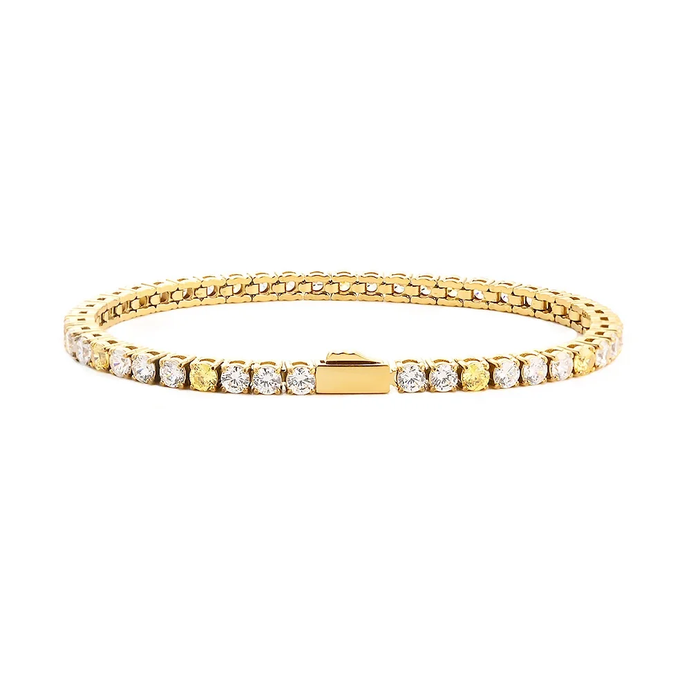Polished 316 Stainless Steel CZ Tennis Bracelet - Gold mm Round White CZ + Yellow CZ