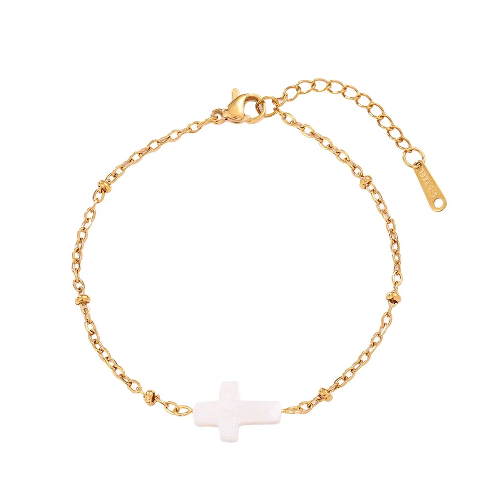Pulseira Cruz em Concha com Contas, Aço Inoxidável 316 com PVD Dourado