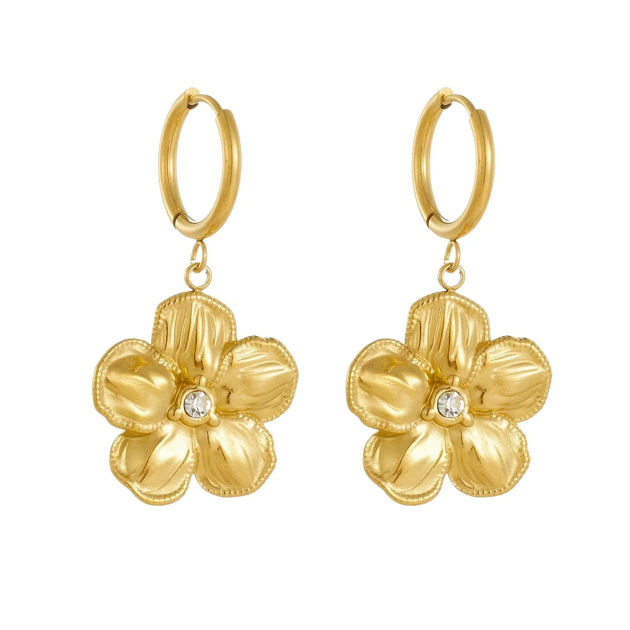 Hoop Earrings with Five-Petal Crystal Flowers, Gold-Plated Steel