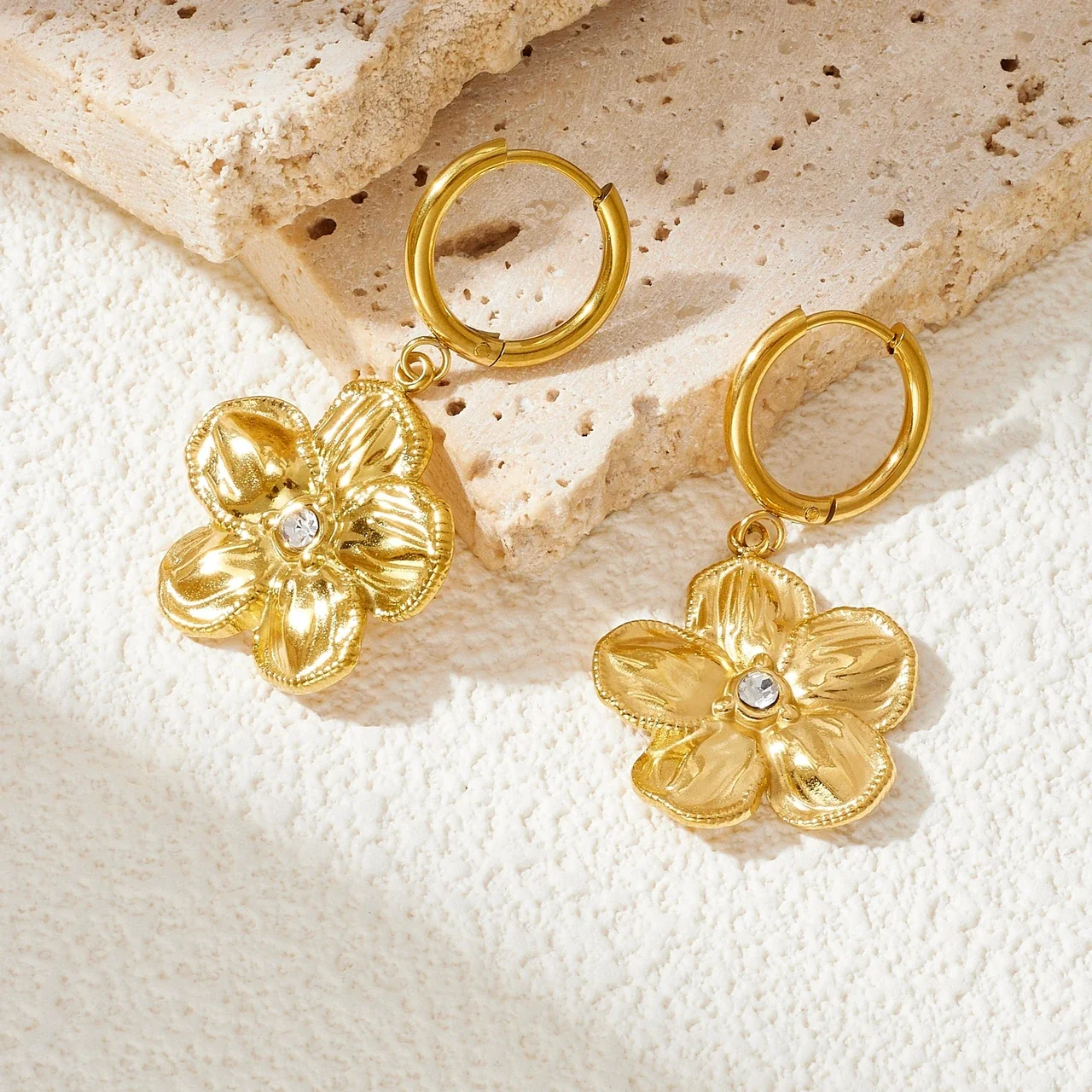 Hoop Earrings with Five-Petal Crystal Flowers, Gold-Plated Steel