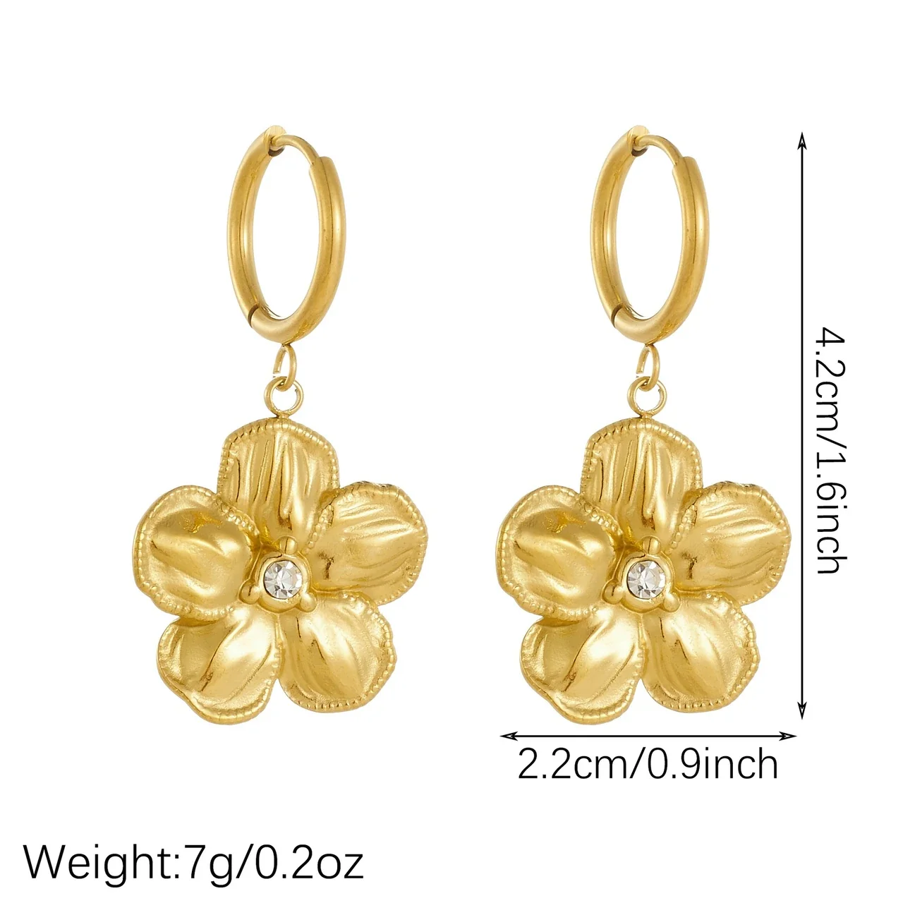 Hoop Earrings with Five-Petal Crystal Flowers, Gold-Plated Steel