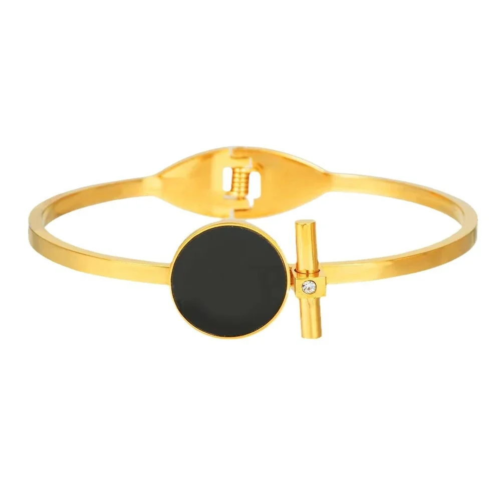 Cuff Bracelet with Black Round Disc and Bar, Gold-Plated Steel