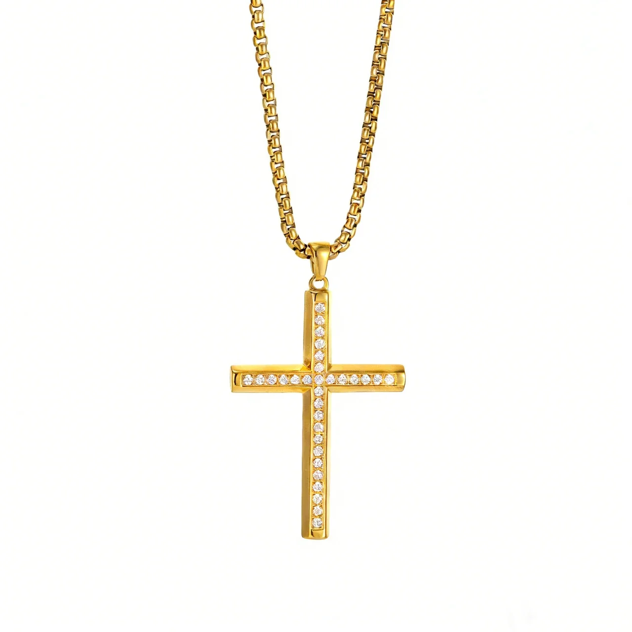 Polished 316 Stainless Steel Pavé Cross Pendant Necklace