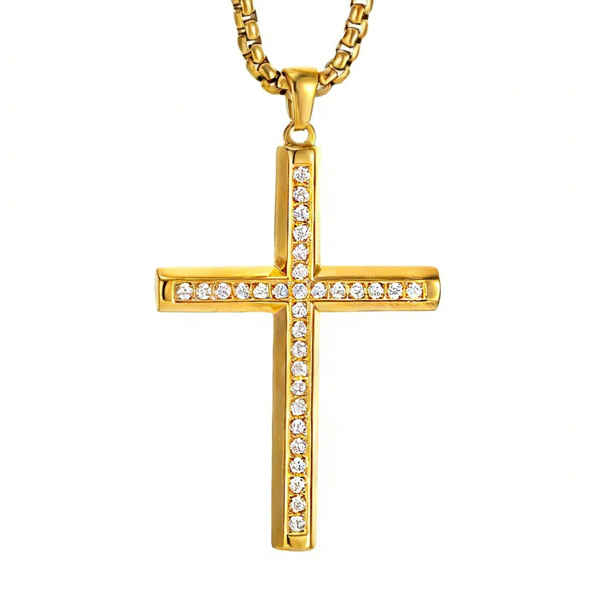 Polished 316 Stainless Steel Pavé Cross Pendant Necklace