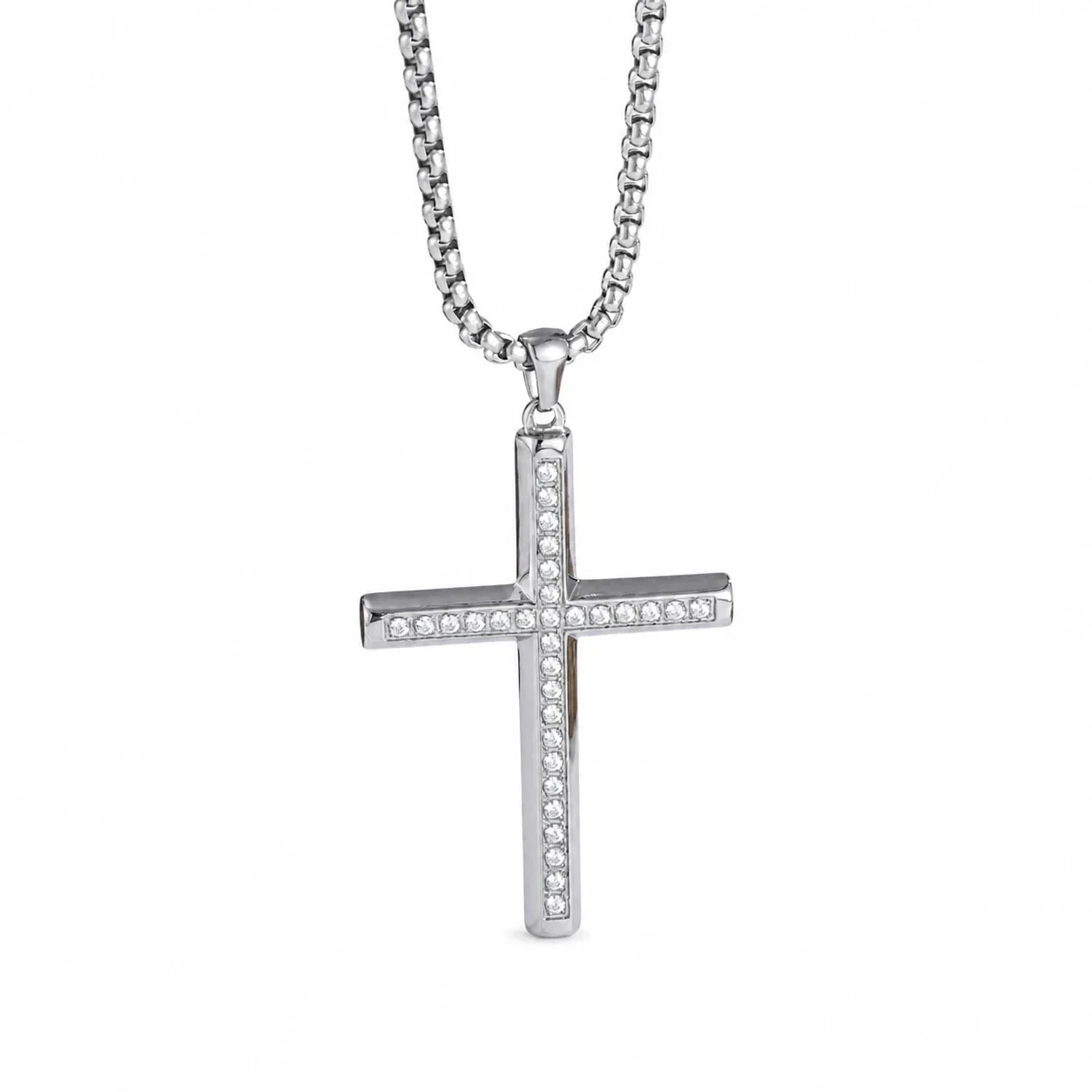 Polished 316 Stainless Steel Pavé Cross Pendant Necklace