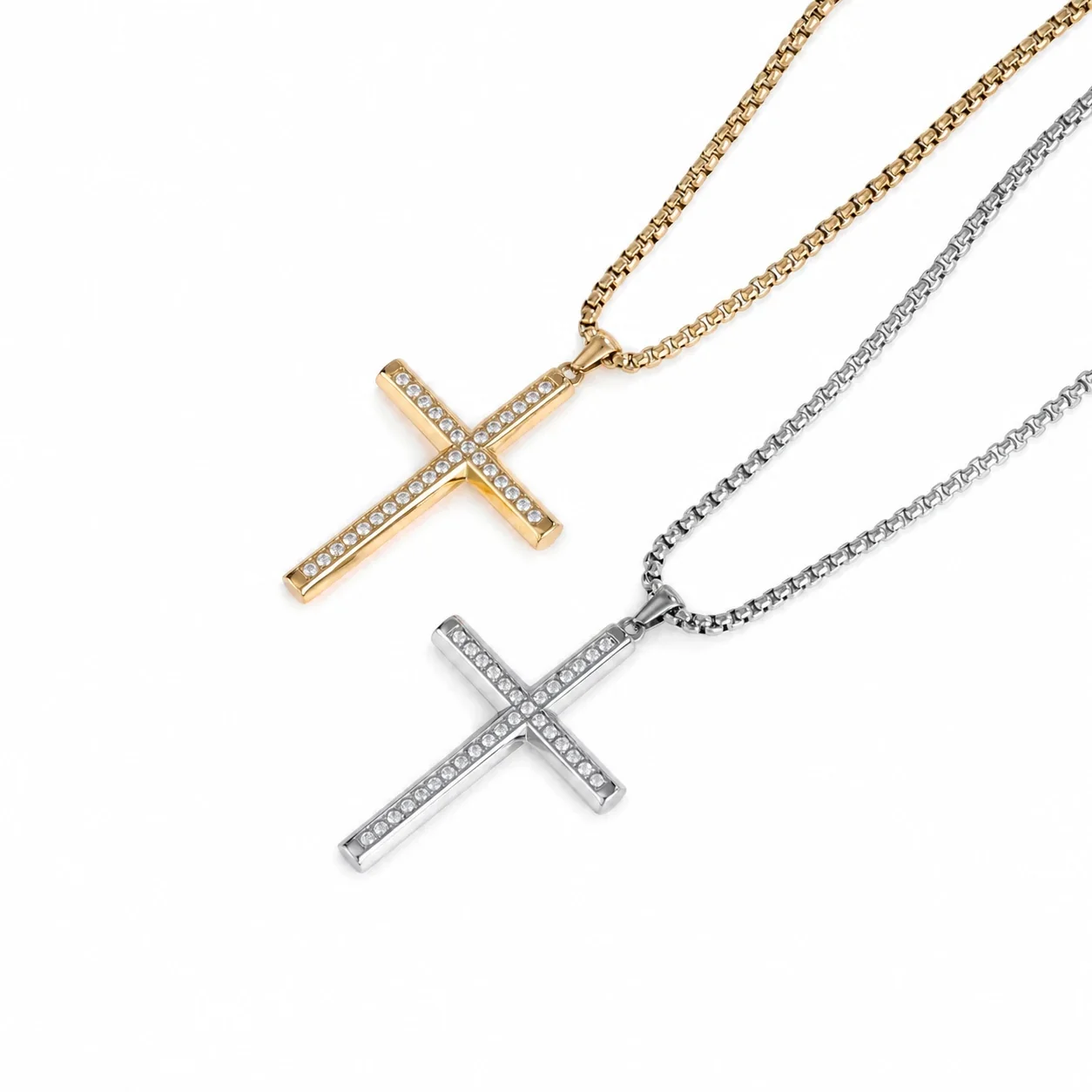 Polished 316 Stainless Steel Pavé Cross Pendant Necklace