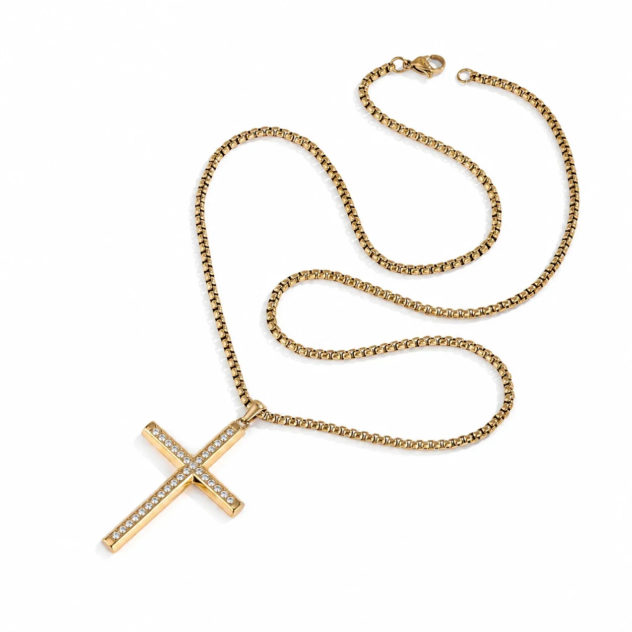 Polished 316 Stainless Steel Pavé Cross Pendant Necklace - Gold CZ