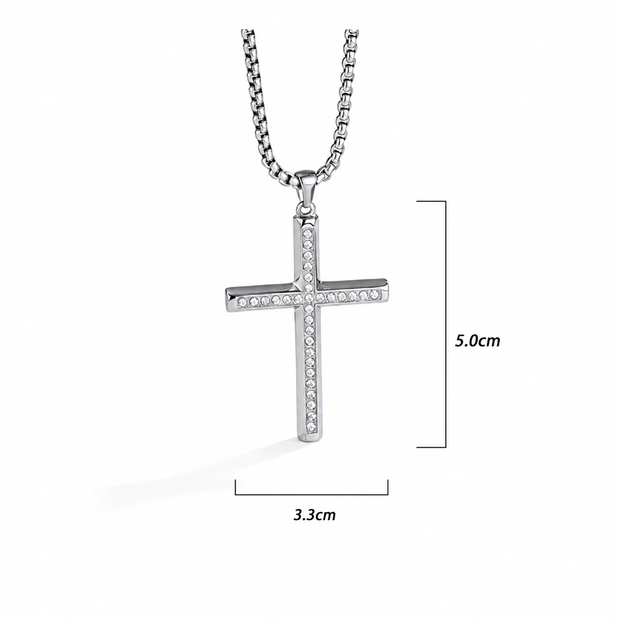 Polished 316 Stainless Steel Pavé Cross Pendant Necklace - Silver CZ
