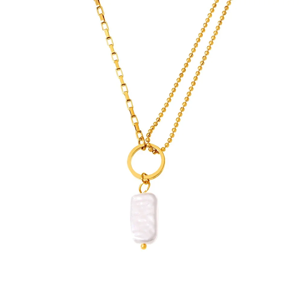 Necklace with Baroque Pearl-Effect Drop, Gold-Plated Steel