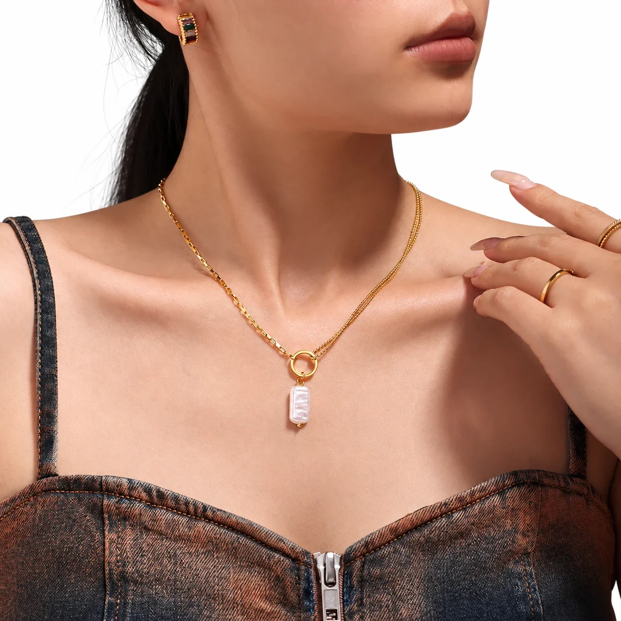 Necklace with Baroque Pearl-Effect Drop, Gold-Plated Steel