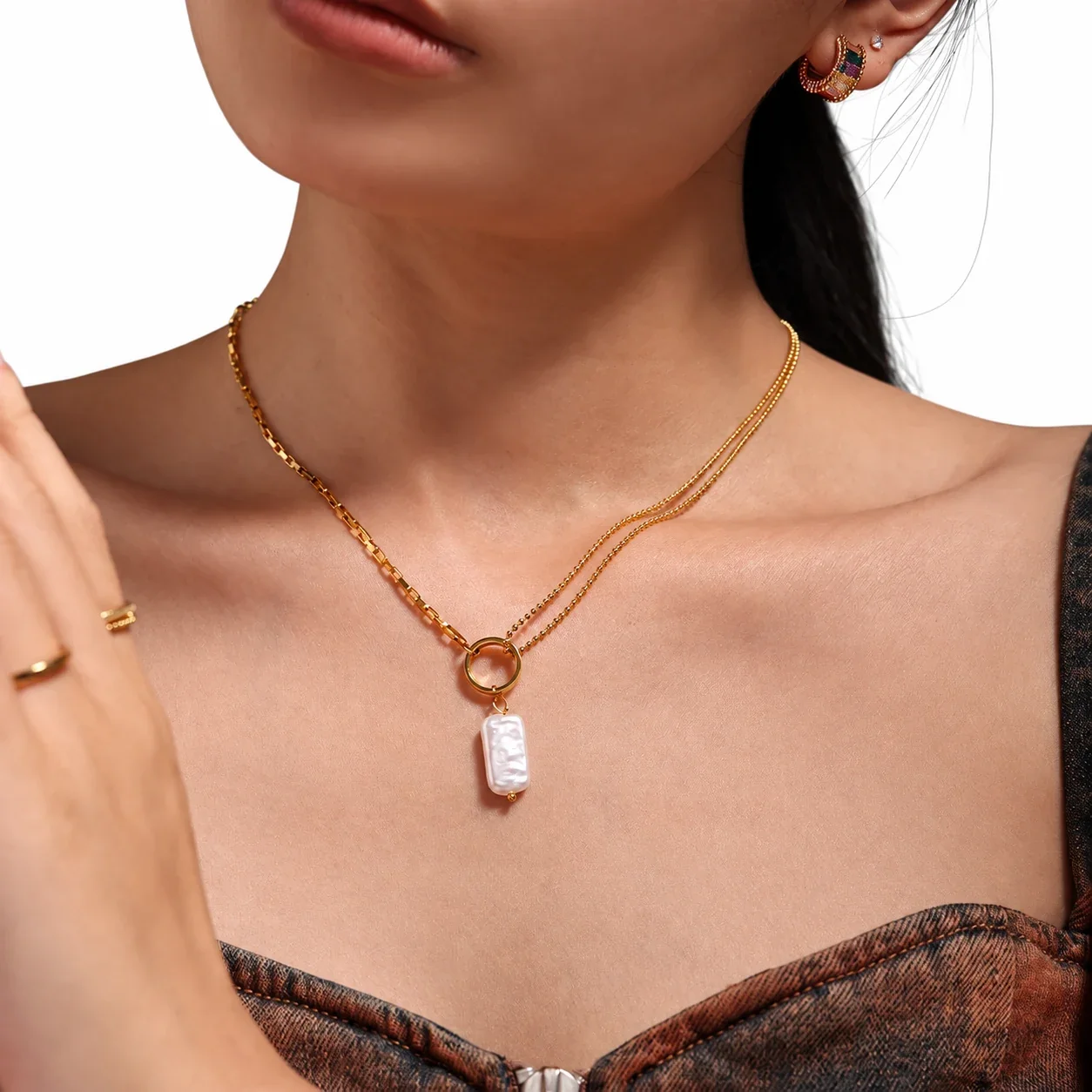 Necklace with Baroque Pearl-Effect Drop, Gold-Plated Steel
