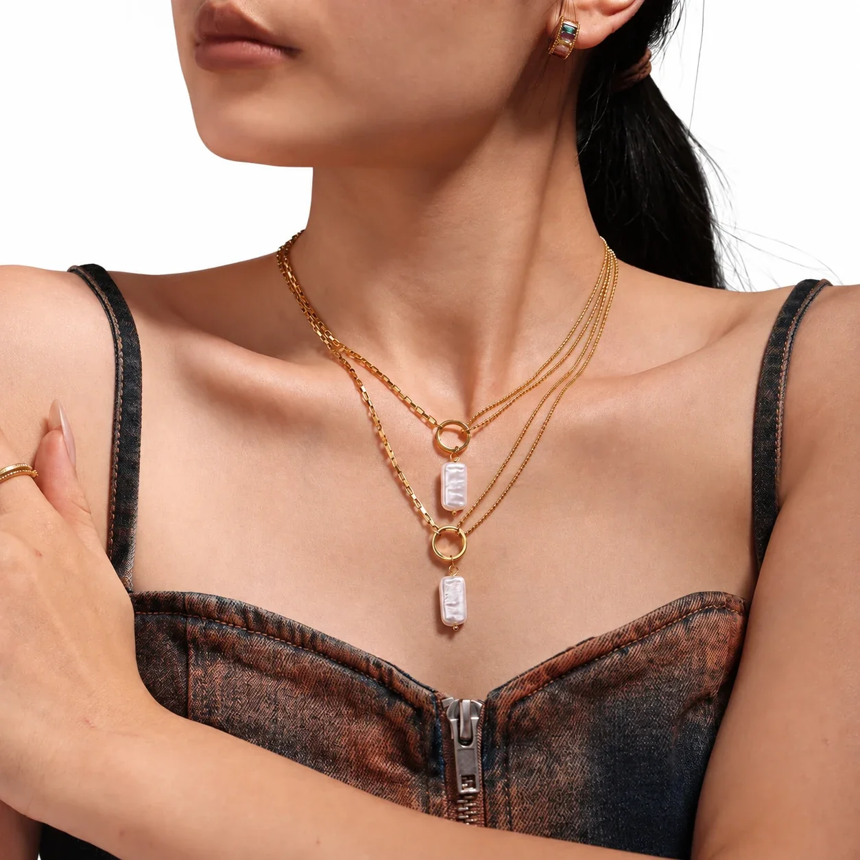 Necklace with Baroque Pearl-Effect Drop, Gold-Plated Steel