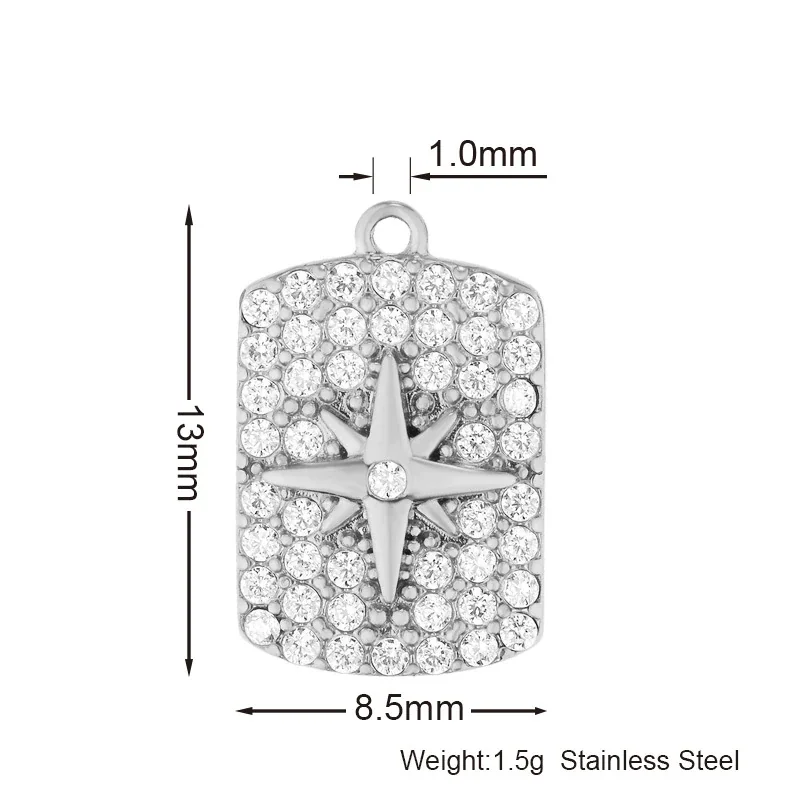 Gold PVD 316 Stainless CZ Motif Pendant Charms - Square -Point Star Silver