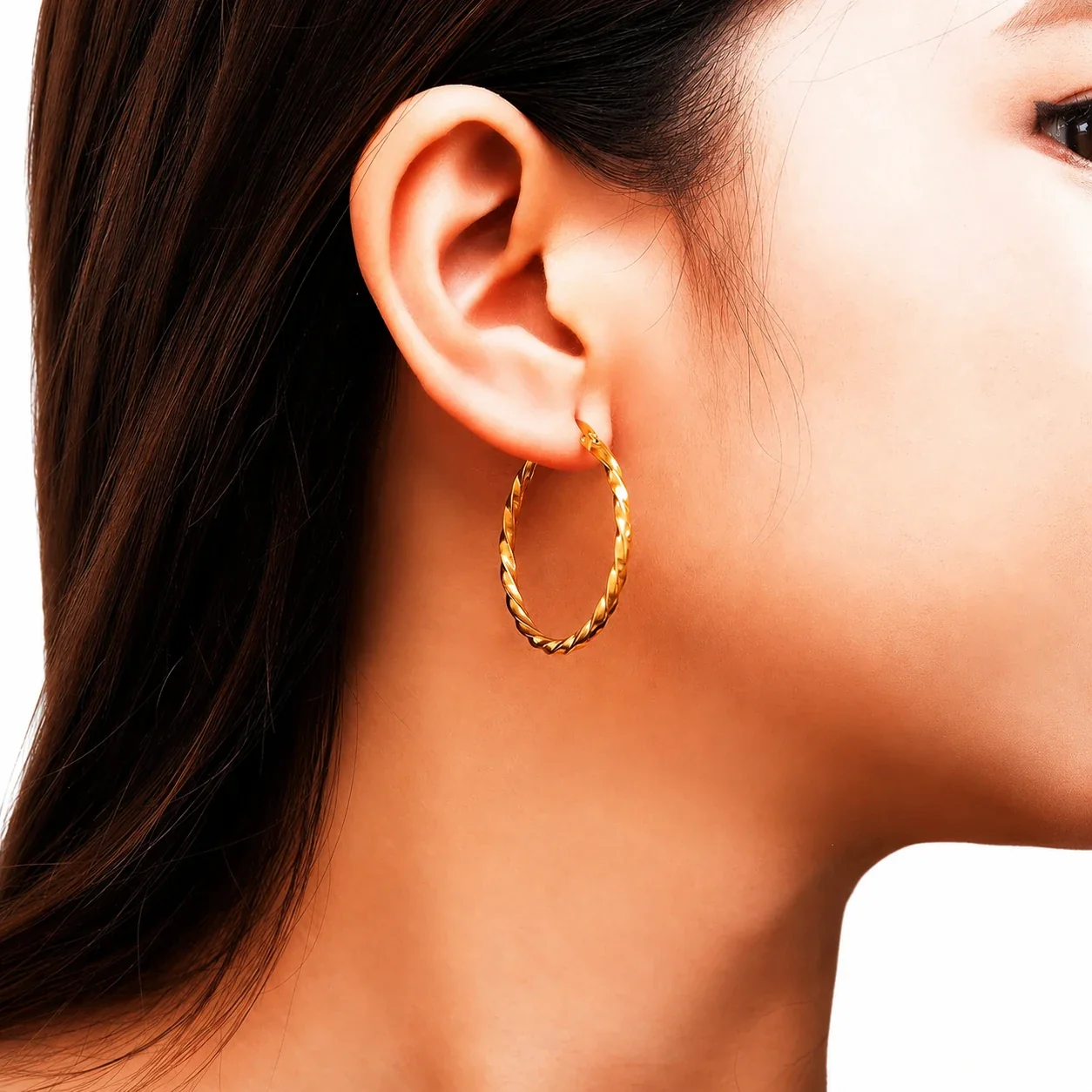 Twisted Gold-Plated Stainless Steel Round Hoop Earrings