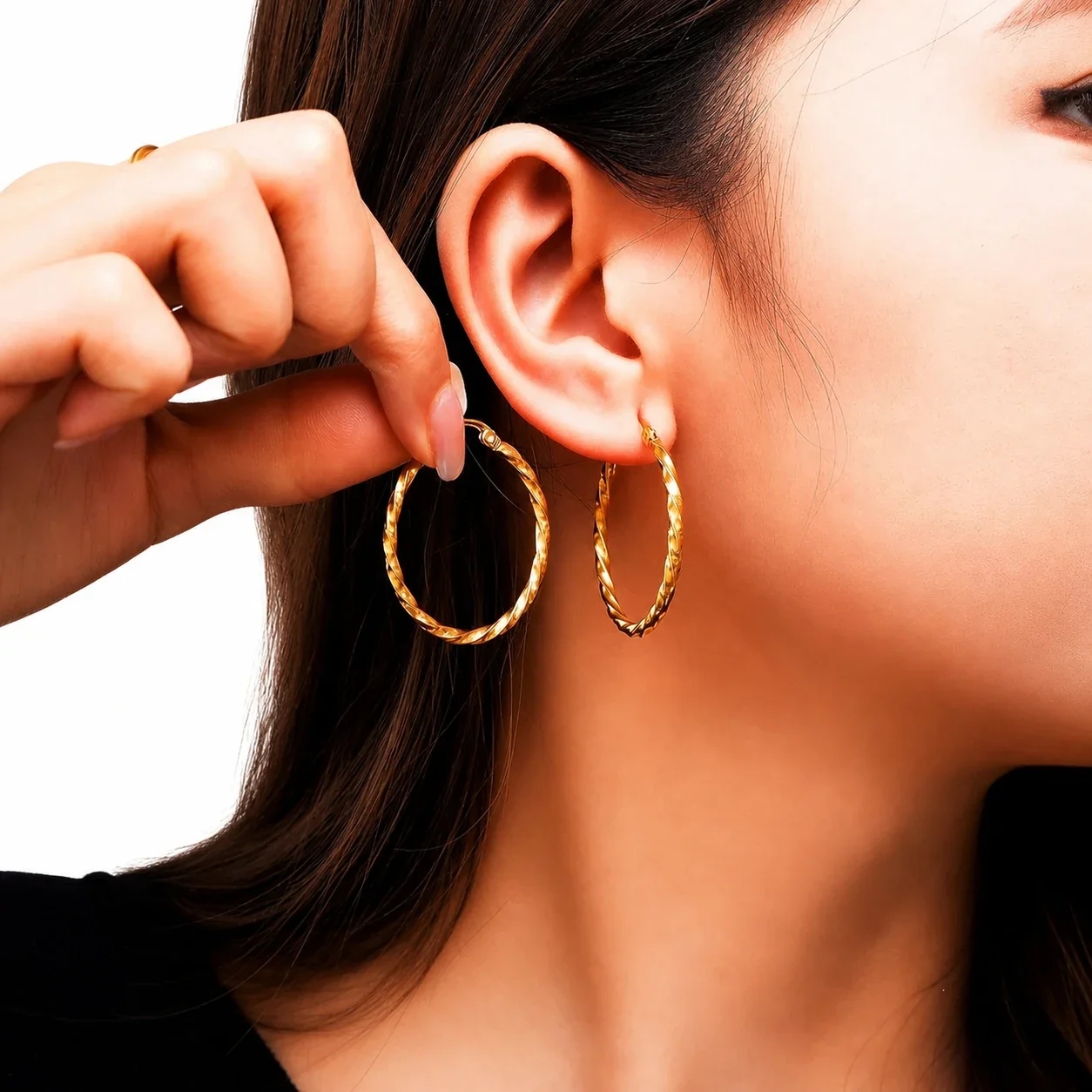 Twisted Gold-Plated Stainless Steel Round Hoop Earrings