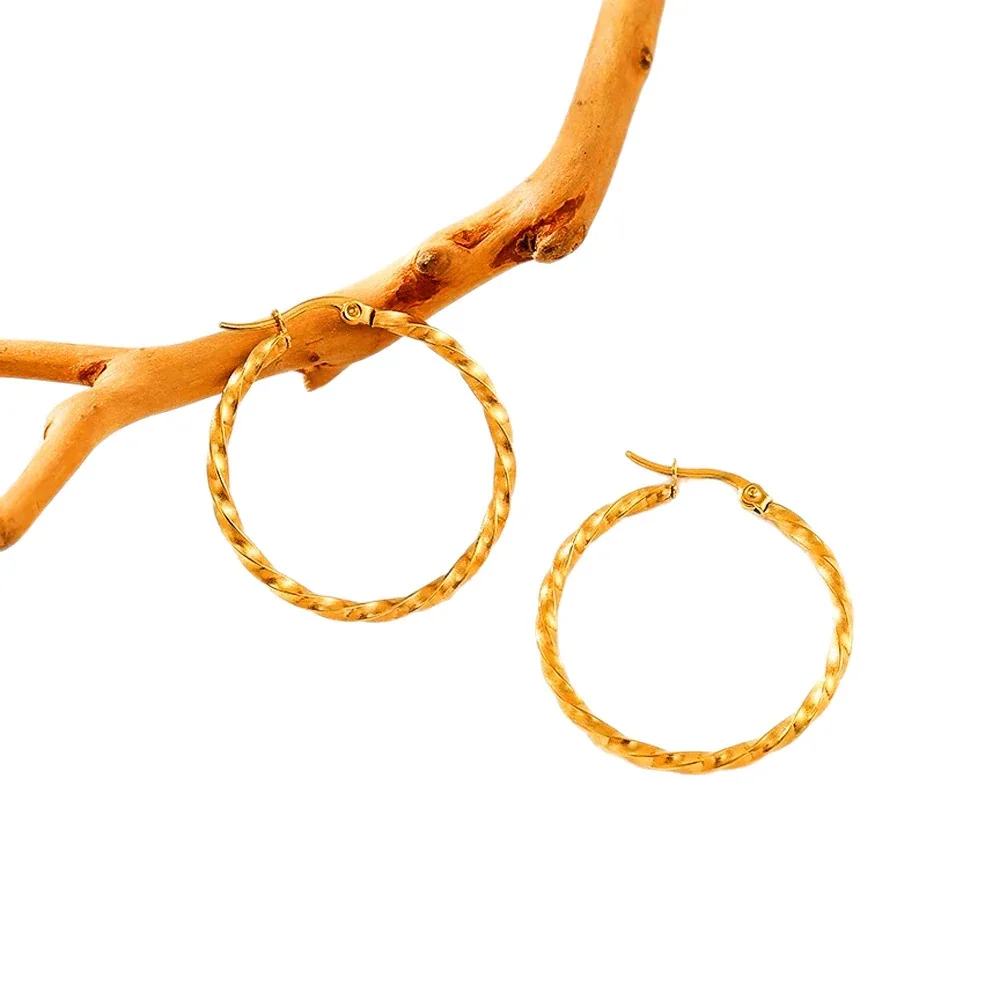 Twisted Gold-Plated Stainless Steel Round Hoop Earrings