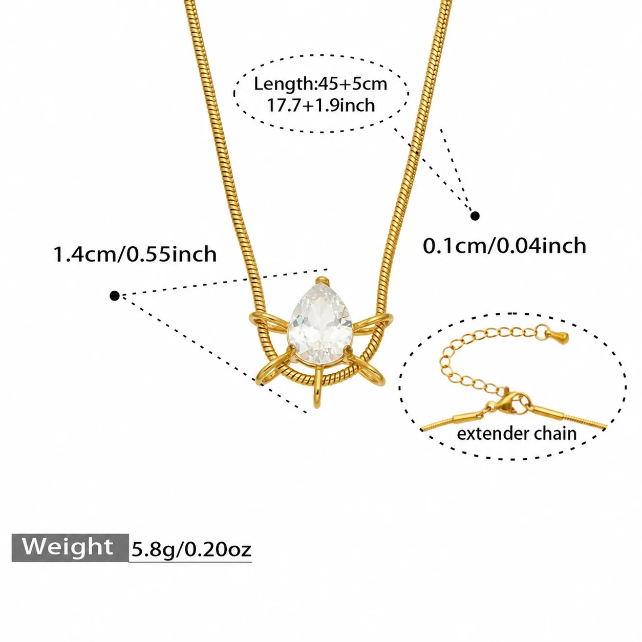 Sunburst Gold-Plated 316L Stainless Steel CZ Snake Necklace - Gold Teardrop CZ 45+5 cm