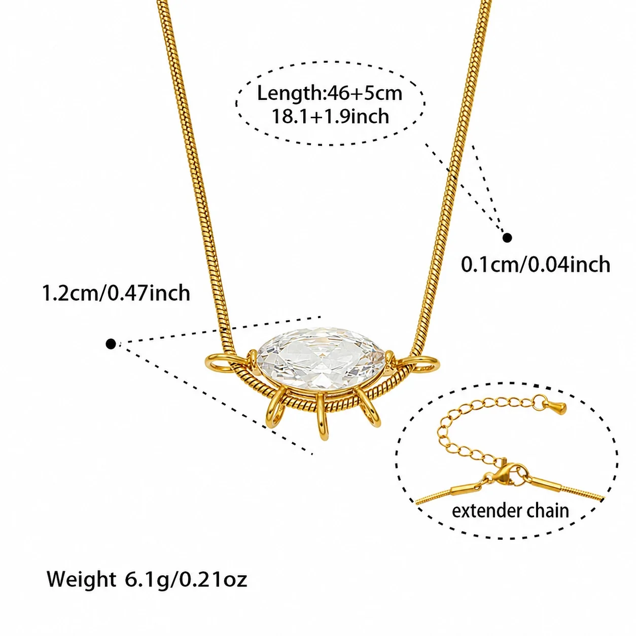 Sunburst Gold-Plated 316L Stainless Steel CZ Snake Necklace - Gold Marquise CZ 46+5 cm