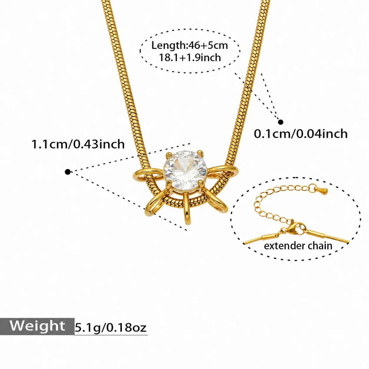 Sunburst Gold-Plated 316L Stainless Steel CZ Snake Necklace - Gold Round CZ 46+5 cm