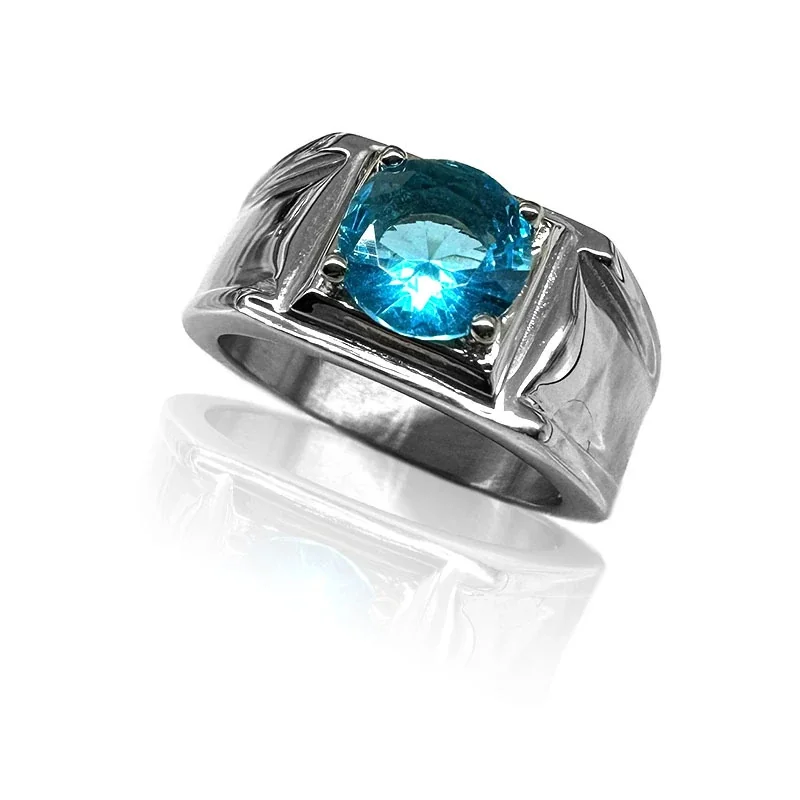 Geometric Groove 316 Stainless Steel Round Stone Signet Ring