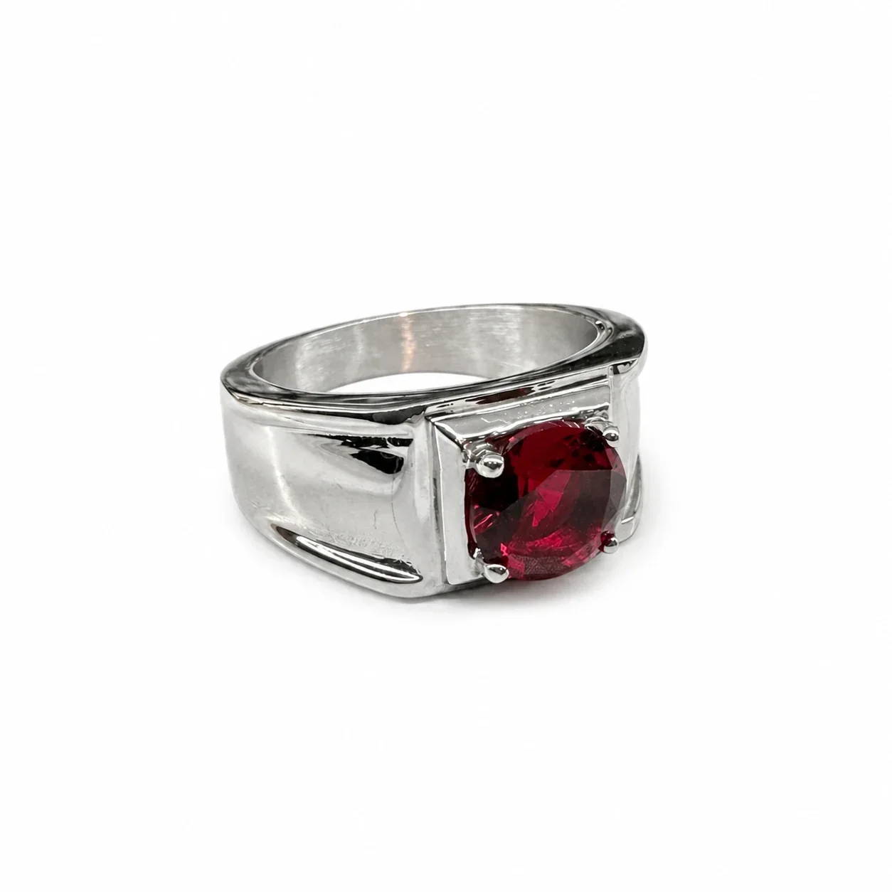 Bold 316 Stainless Steel Round Stone Signet Ring - Red