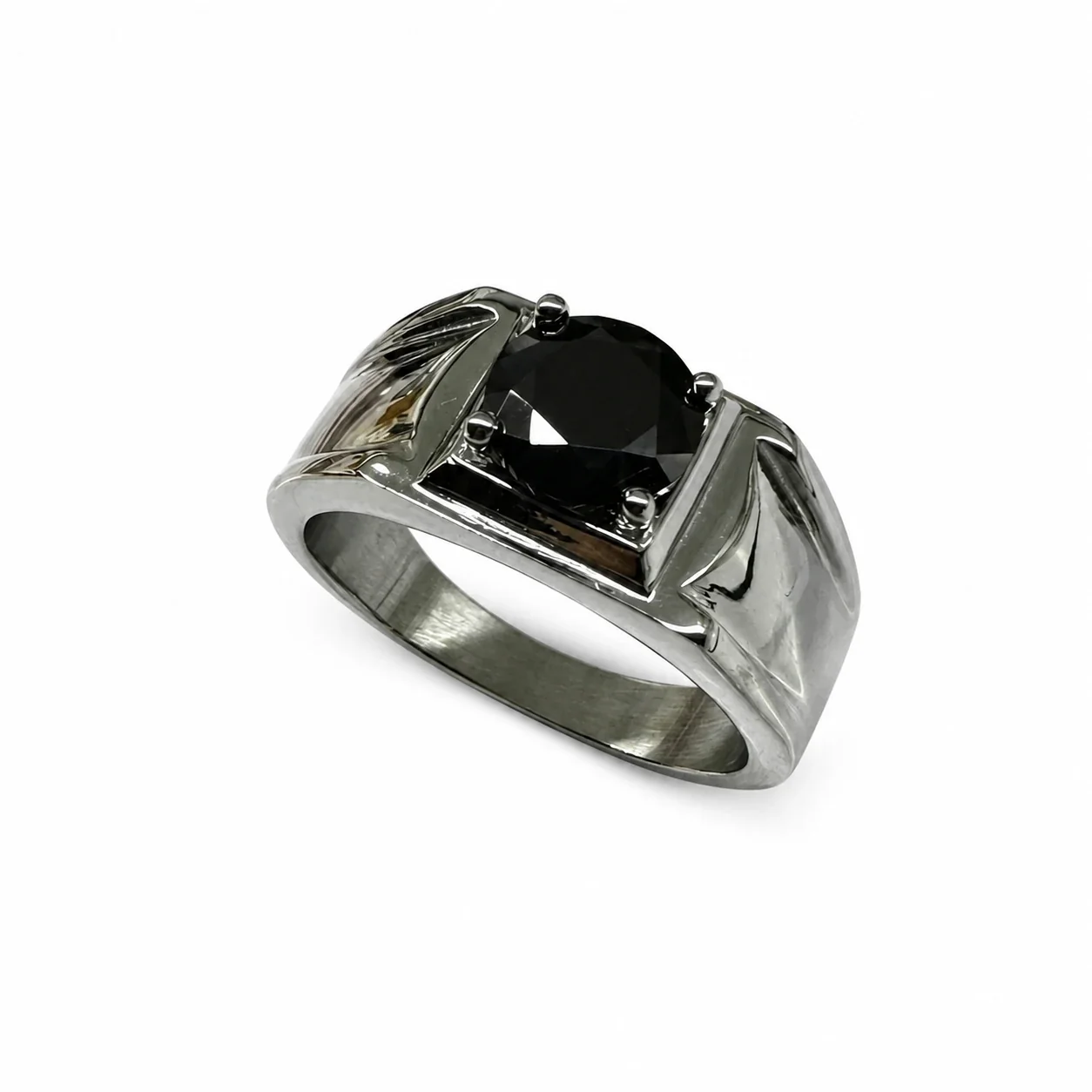 Bold 316 Stainless Steel Round Stone Signet Ring - Black