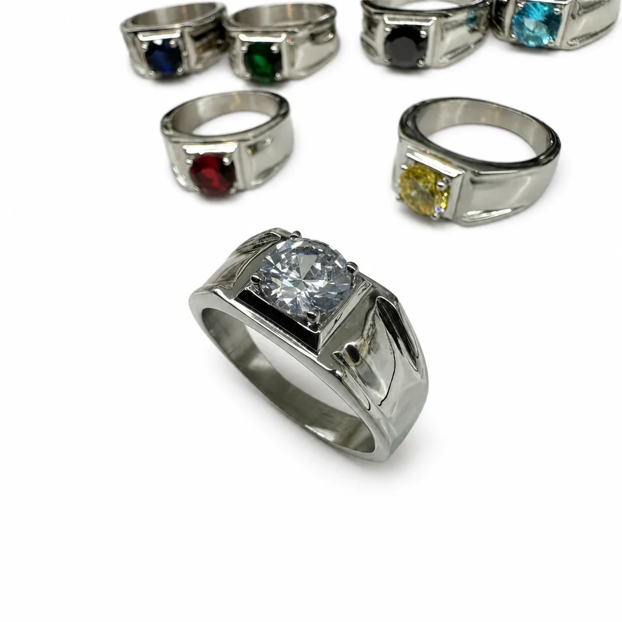 Bold 316 Stainless Steel Round Stone Signet Ring - Clear